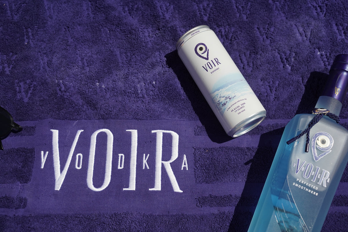 PRE ORDER - Summer Sessions Bundle – 700ml Voir Vodka, Voir Alcoholic Blueberry Soda Cans and a Voir Premium Beach Towel w/ Zip Pocket